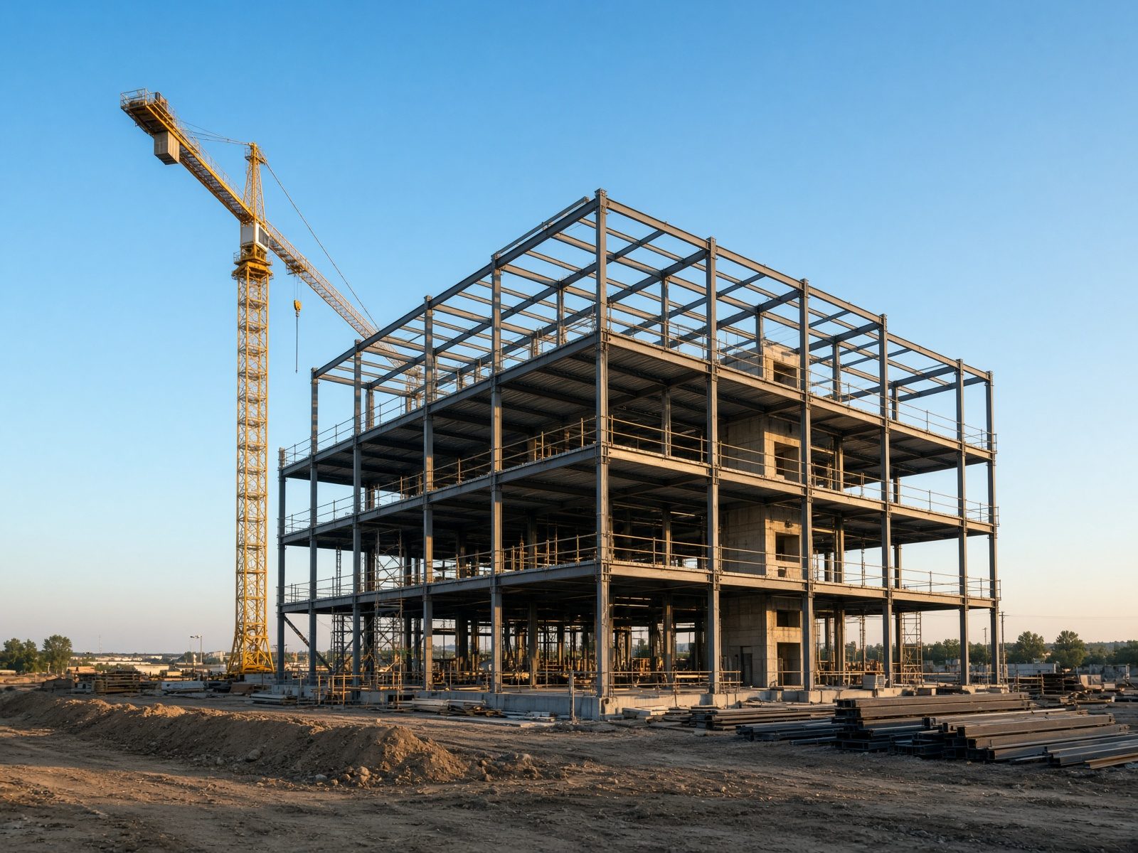 Steel-framed building under construction with a tower crane
