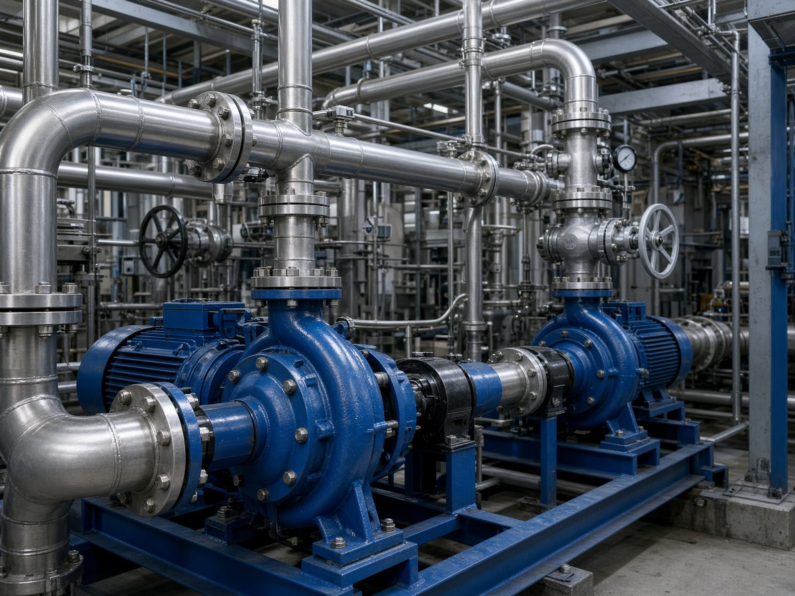 Industrial blue pumps and stainless steel piping